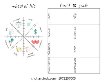 Vector illustration with Wheel of Life - diagram with blank lines to fill. Printable A4 paper sheet for coaching tool, bullet journal page, daily planner template, blank for notebook