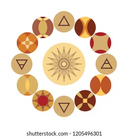 vector illustration of wheel of year and nature symbols in geometrical circle design with retro colors