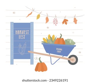 Vector illustration with wheelbarrow, chalkboard banner, leaves garland, vegetables. Fall farmers market poster for invitation, card.