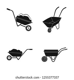Vector illustration of wheelbarrow and dirt icon. Set of wheelbarrow and barrow vector icon for stock.