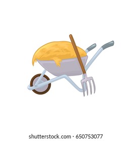 Vector illustration. Wheelbarrow with hay and a pitchfork. Color cartoon
