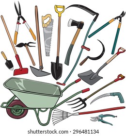 Vector illustration, wheelbarrow with tools, cartoon concept, white background.