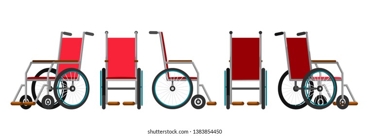 Vector illustration of wheelchair under the white background. Cartoon realistic illustration. Flat style. Front, side and back views. Isometric view.