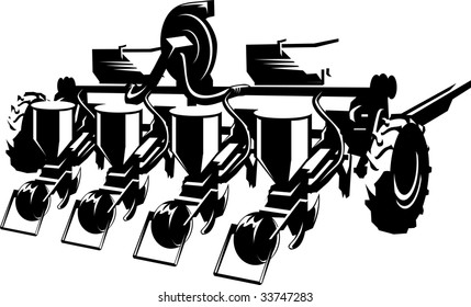 Vector illustration of a wheeled sowing machine black and white