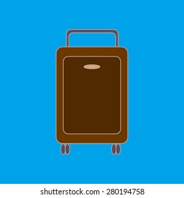 Vector illustration of a wheeled suitcase. Dark brown suitcase with wheels and handle. Luggage design element.