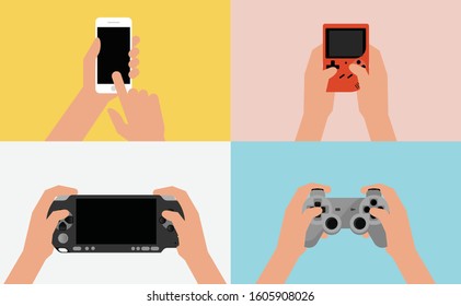 
Vector Illustration  When The Hand Is Holding The Game Console And When The Hand Is Holding The Hand Phone
Flat Cartoon Style