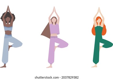 Vector illustration where girls do yoga in the tree pose