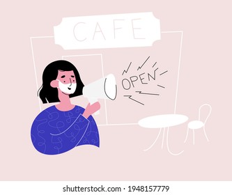 vector illustration where a masked girl informs a megaphone that the cafe is open after quarantine in light colors modern style
