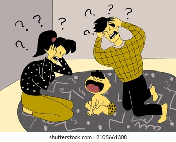 Vector illustration where two parents lost in hysteria do not know what to do with a newborn baby screaming and crying. The concept of mental health