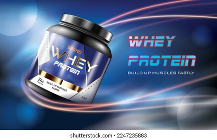 vector illustration whey protein powder advertising banner template.protein jar on the blue color glittering background.powerful muscle building supplements jar concept.