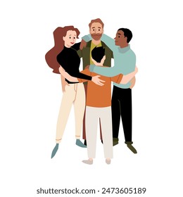 A vector illustration in which characters of different genders and ages unite in group hugs. Symbolizing family unity and community care. Flat style on isolated background.