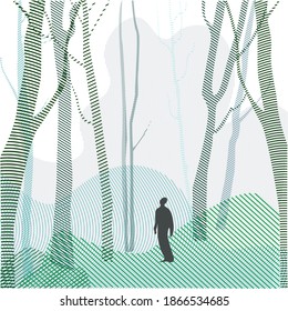 Vector illustration, which depicts a lonely man in the forest.
Loneliness.