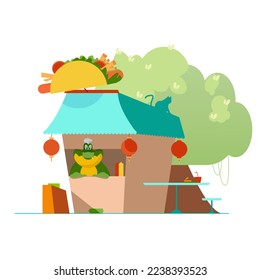 vector illustration which depicts a seller, a crocodile chef and his shop of Latin American food