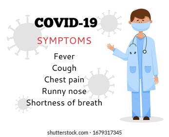 vector illustration in which the doctor informs about the main symptoms of coronavirus