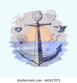 Vector illustration, which imitates ballpoint pen drawing on watercolor background on the marine theme. Anchor and other elements on the sunset background. Nostalgia of marine leisure.