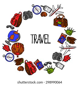 Vector illustration, which shows: suitcase, globe, ticket, backpack, compass, hot air balloon, camera and seashells.