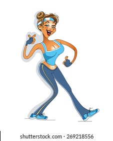 Vector illustration, which shows a young cheerful woman in the form of fitness.
