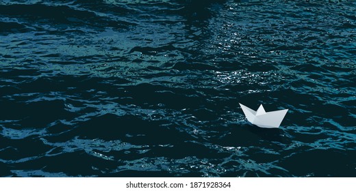 Vector illustration which symbolizes loneliness and vulnerability, showing a paper boat that floats alone on the sea, in the wind.