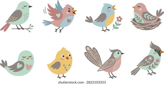 Vector illustration of whimsical birds in pastel colors with decorative patterns, flowers, and nests. Perfect for children’s designs, greeting cards, educational materials, and creative decorative projects.
