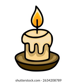 Vector illustration of a whimsical, cartoon-style candle with dripping wax, featuring a vibrant flame and sitting on a simple brown base.