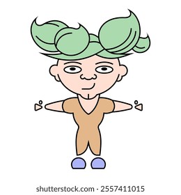 Vector illustration of a whimsical character with bright green hair, a brown outfit, and blue shoes, standing confidently with hands on hips. Ideal for children's books, creative projects.