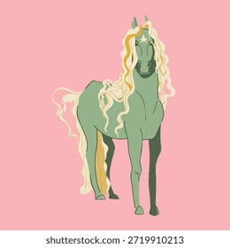 Vector illustration of a whimsical emerald green horse mascot featuring a fluffy white curly mane and tail. For print, products, posters, branding, and creative design projects