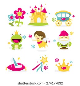 A vector illustration of whimsical fairy tale princess theme icon set like flowers, castle, horse carriage, frog prince, fairy, princess, gnome, dwarf, glass slipper, magic wand, crown.