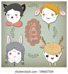Vector illustration of whimsical forest spirits - half kids and half animals - a set of four faces