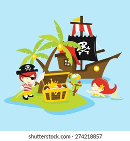 A vector illustration of a whimsical and fun cartoon treasure island adventure.