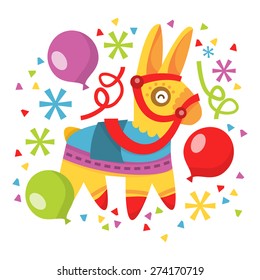 A vector illustration of whimsical fun pinata, balloons and confetti.