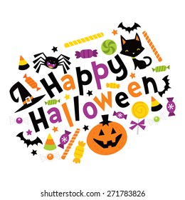 A vector illustration of whimsical fun retro happy halloween phrase with trick or treat design elements like candies, pumpkin, cat, and more.