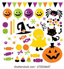 A vector illustration of whimsical fun retro halloween trick or treat design elements like candies, pumpkin, cat, and more. Ideal for party invitations, 