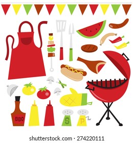 A vector illustration of whimsical fun summer barbecue party clip arts like bbq grill, utensils, kebab, apron, vegetables, bbq sauces, chilli or ketchup, salt and pepper, hot dog, meat and sausages.