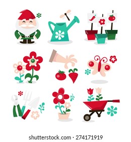 A vector illustration of whimsical gardening icons set like garden gnome, watering can, flowerbed, flowers, garden gloves and vegetables, butterfly, garden tools, flower pot and wheelbarrow.