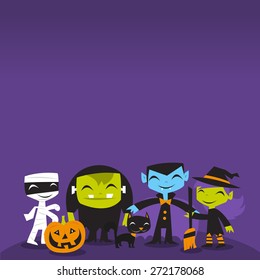 A vector illustration of whimsical and jolly halloween monsters with dark purple copy space background.