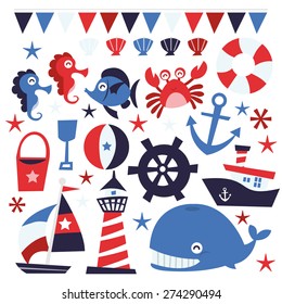 A vector illustration of whimsical nautical theme design elements.