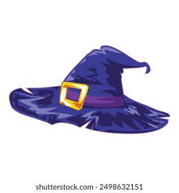 Vector illustration of a whimsical purple witch hat with a shiny golden buckle, isolated on a white background