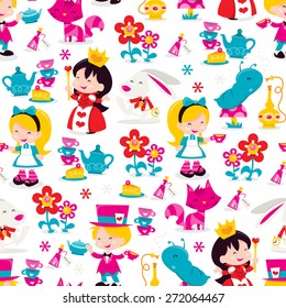 A vector illustration of whimsical retro Alice In Wonderland theme seamless pattern background. 