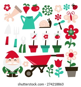 A vector illustration of whimsical retro gardening theme clip arts. Included in this set:- watering can, garden glove, vegetables, garden tools, garden gnome, insects and flowers.