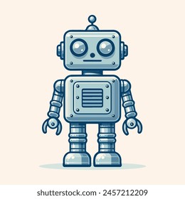 Ilustración vectorial de un robot caprichoso, de estilo retro, con cara amigable, con dos ojos y un par de antenas. Perfecto para libros infantiles, proyectos nostálgicos y temas de ciencia ficción.