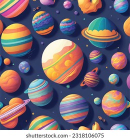 Vector Illustration of Whimsical Seamless Pattern of Floating Planets and Sparkling Stars