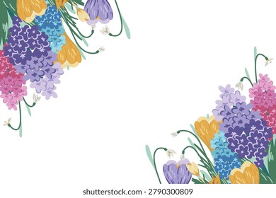 Vector illustration of a whimsical spring floral frame with colorful hyacinths, crocuses, and snowdrops arranged in opposite corners. Isolated botanical border template with blank copy space on a white background for greeting cards or invitations.