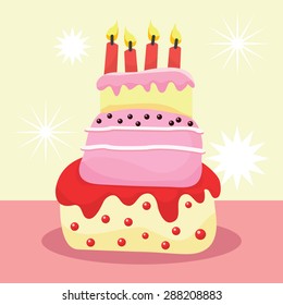 A vector illustration of a whimsical three tier birthday cake with candles.