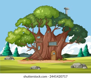 Ilustración vectorial de una caprichosa casa de árbol entre los árboles