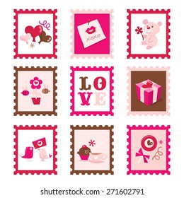 A vector illustration of whimsical valentine's day stamps set. 