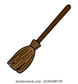 A vector illustration of a whimsical witchs broom with a brown wooden handle and textured bristles, perfect for Halloween designs or magical themed projects.
