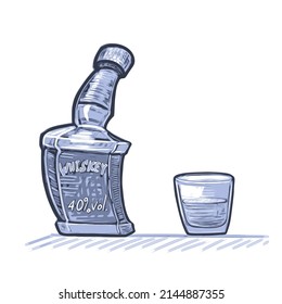 Vector illustration of whiskey bottle and whiskey glass. Sketch hand drawn isolated on white background.