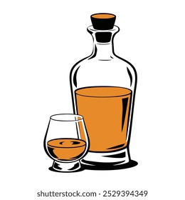 Ilustración vectorial de botella de whisky y vidrio