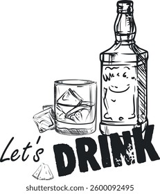 Vector illustration of whiskey bottle, glass. Design line art brush, lettering