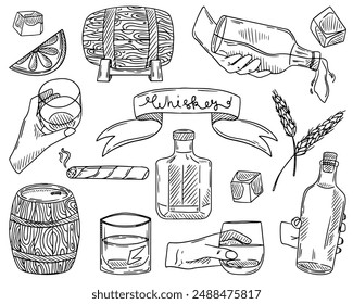 Vector illustration of whiskey. Scotch whiskey or brandy pouring out of the bottle. Alcoholic drink in a barrel. A hand holding a whiskey glass.